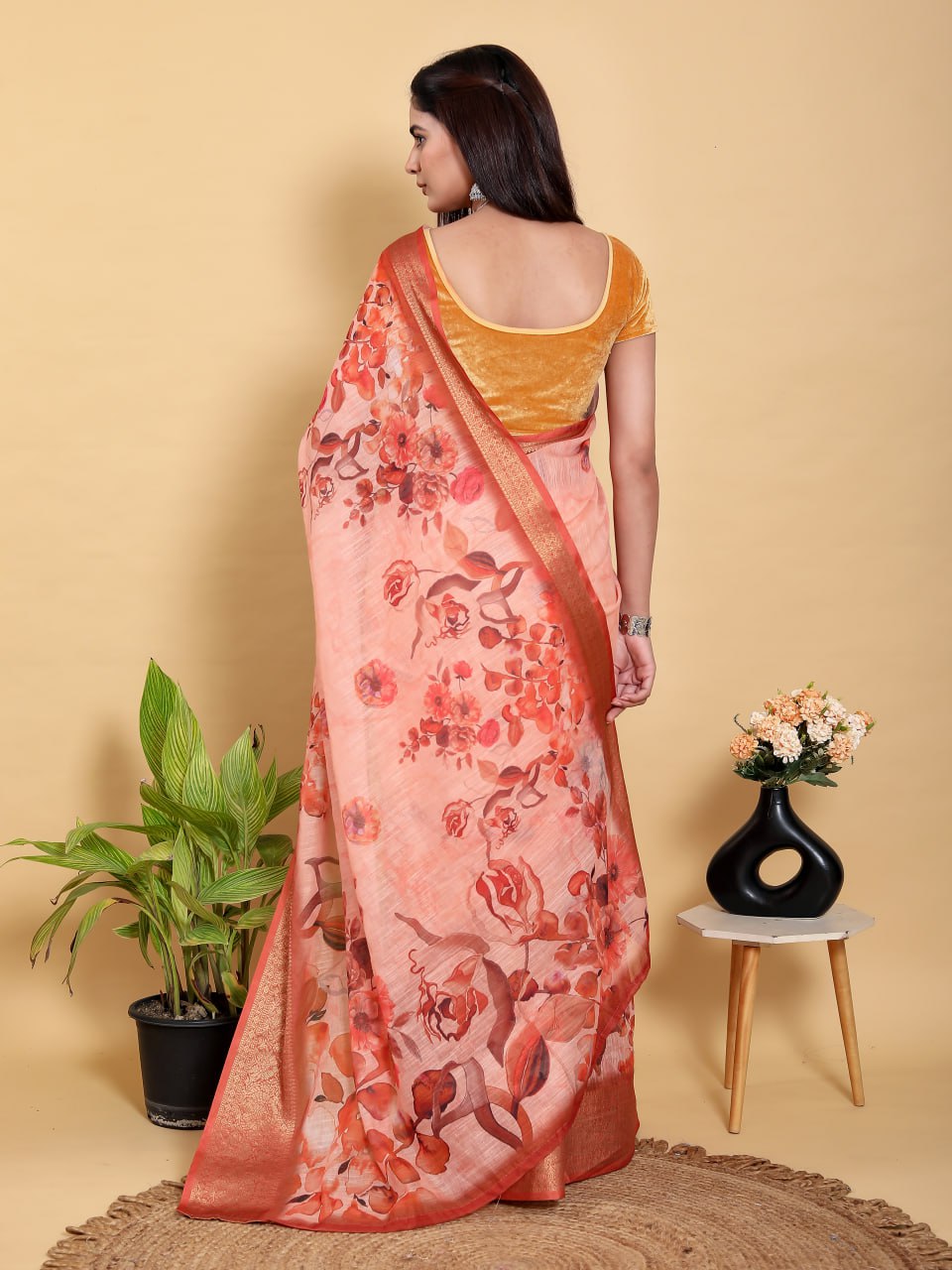 Peach-Orange Floral Print Linen Cotton Saree | Jacquard Patta Saree with Copper-Gold Border